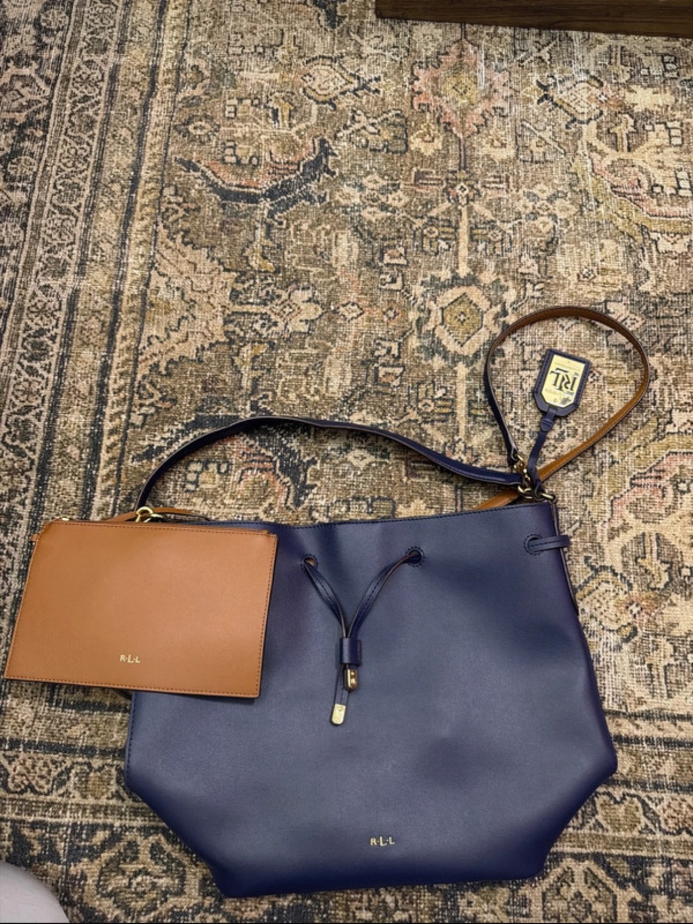 Ralph Lauren Navy and Tan Leather Drawstring Shoulder Bag with Pouch